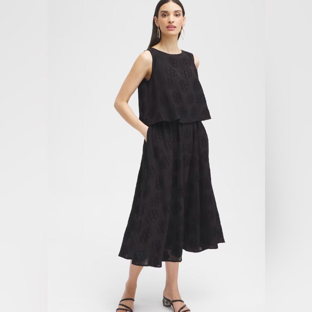Chico’s Black Label Layered Popover Dress SZ 14 Bateaux Neck Elastic Waist BLK